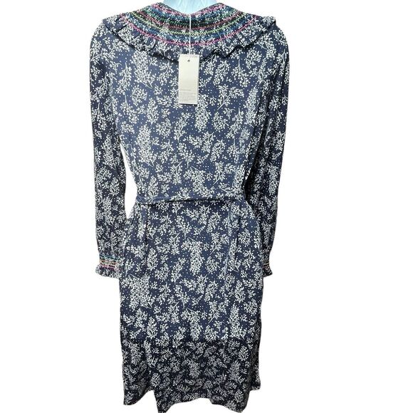 Boden Dress Womens Size 6 6L (US) Smocked Jersey Navy Blue Leafy Sprig Belt - Picture 3 of 10
